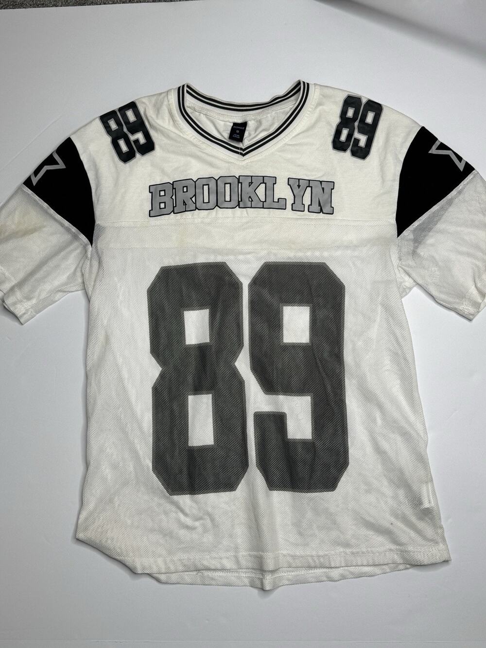 ROMWE Women’s Small Brooklyn Football Jersey Mesh Shirt White Black Streetwear